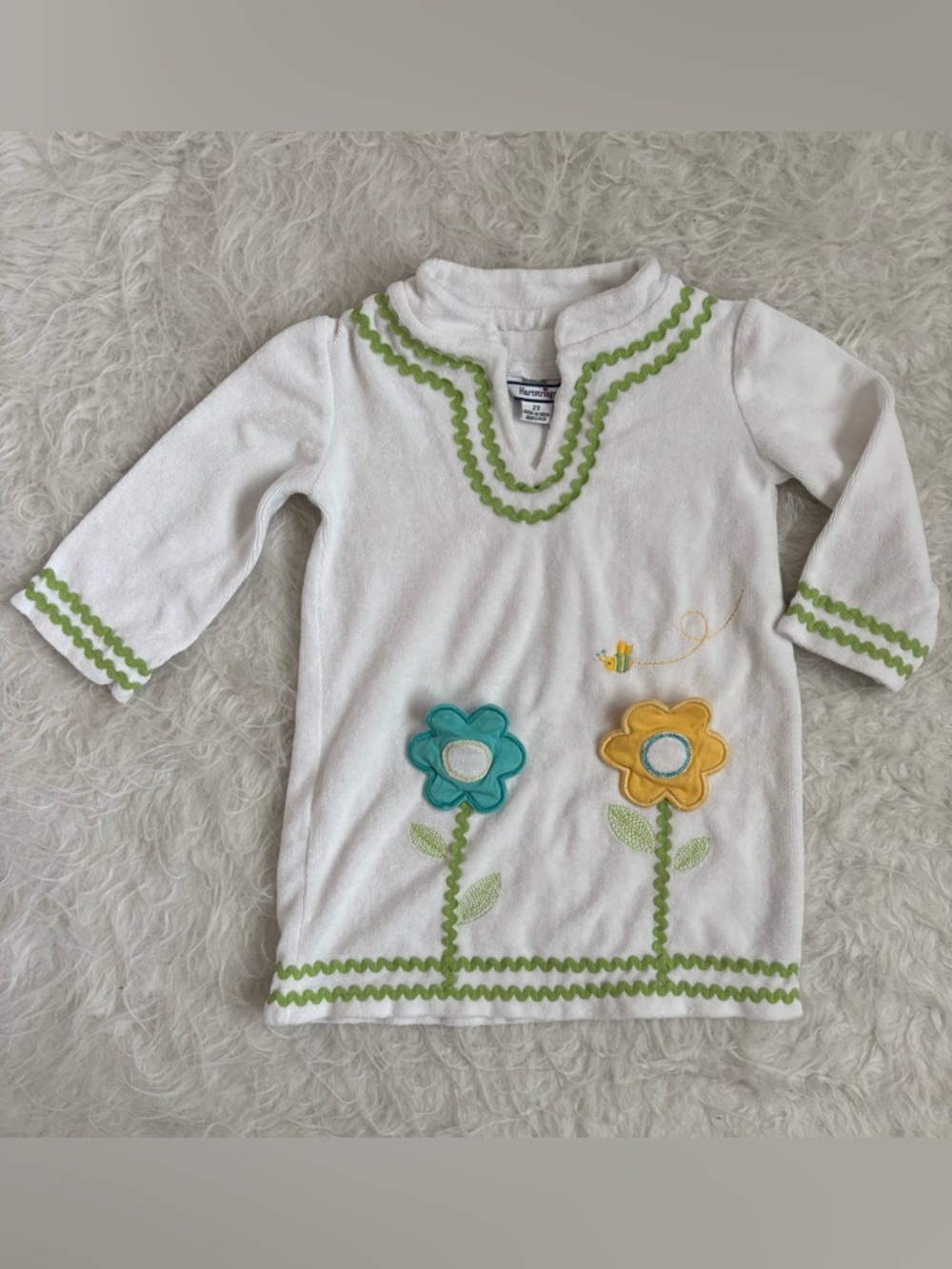 Hartstrings Toddler Vintage White Swimsuit Coverup with Flower Appliqués